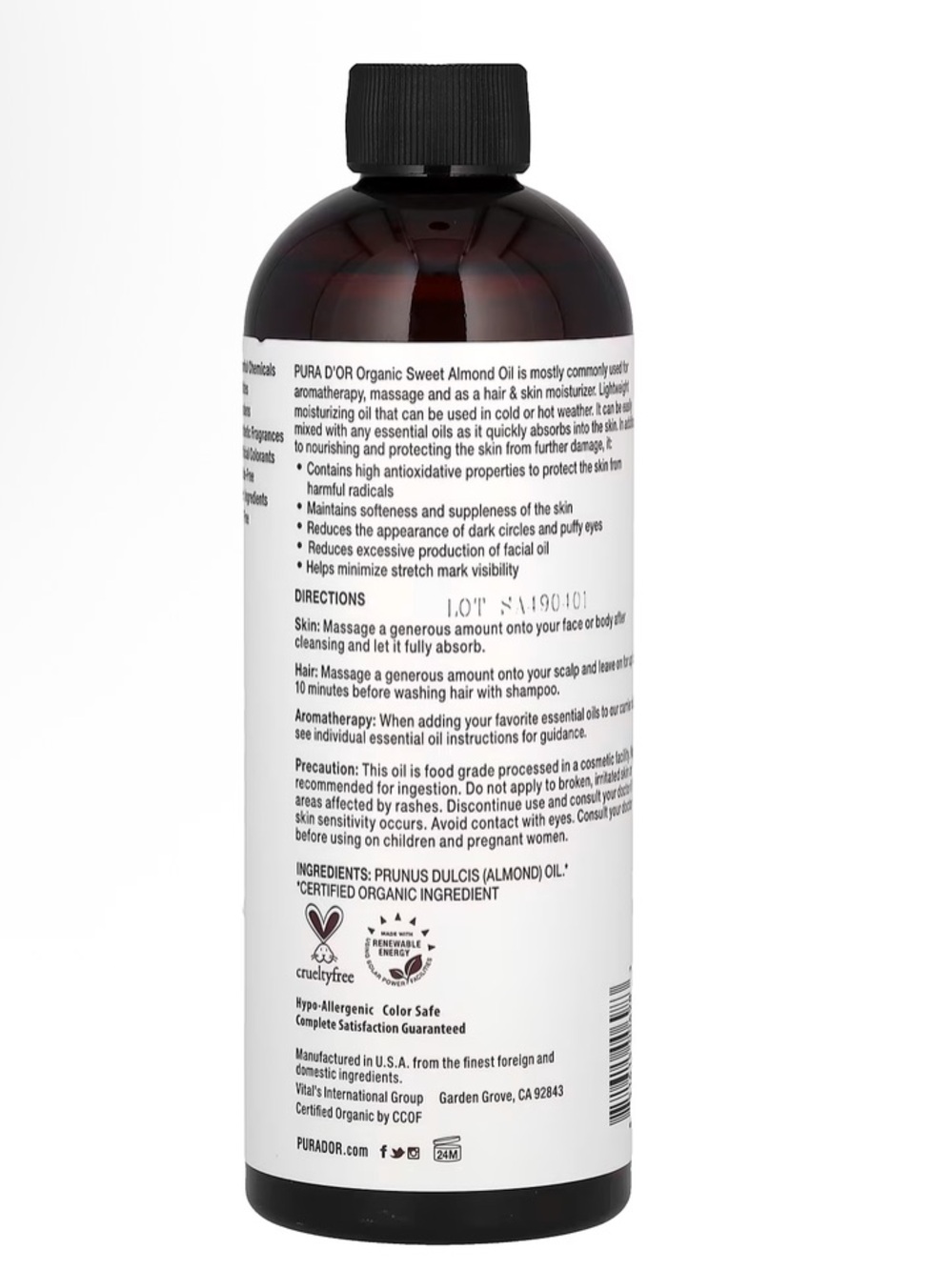 Purador Organic Sweet Almond Oil - with Pump 16 oz - Picture 2 of 6